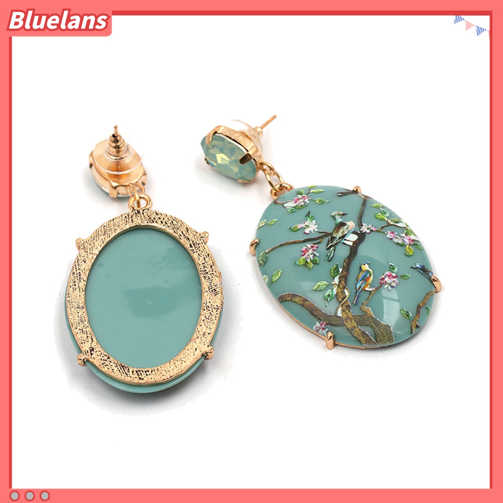 Anting Juntai Bentuk Oval Motif Bunga Dan Burung Bahan Resin Gaya Vintage Untuk Wanita