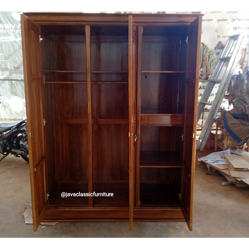 LEMARI PAKAIAN RAHWANA PELURU PINTU 3 BAHAN KAYU JATI GRADE A ALMARI KABINET TEMPAT MENYIMPAN BAJU FINISHING NATURAL GLOSS FURNITURE JEPARA-3