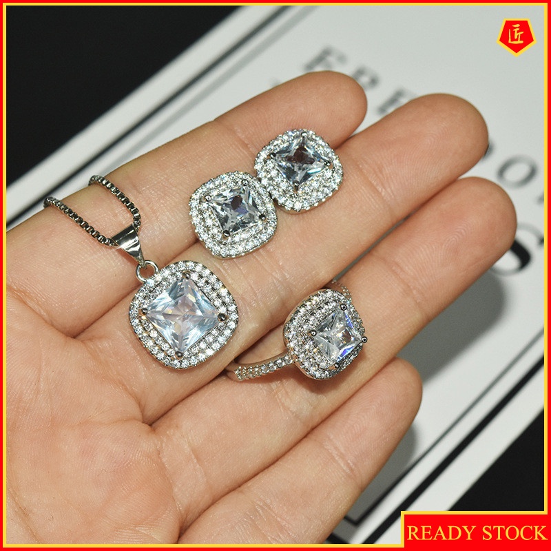 [Ready Stock]Elegant Square Moissanite Ring Ear Stud Necklace