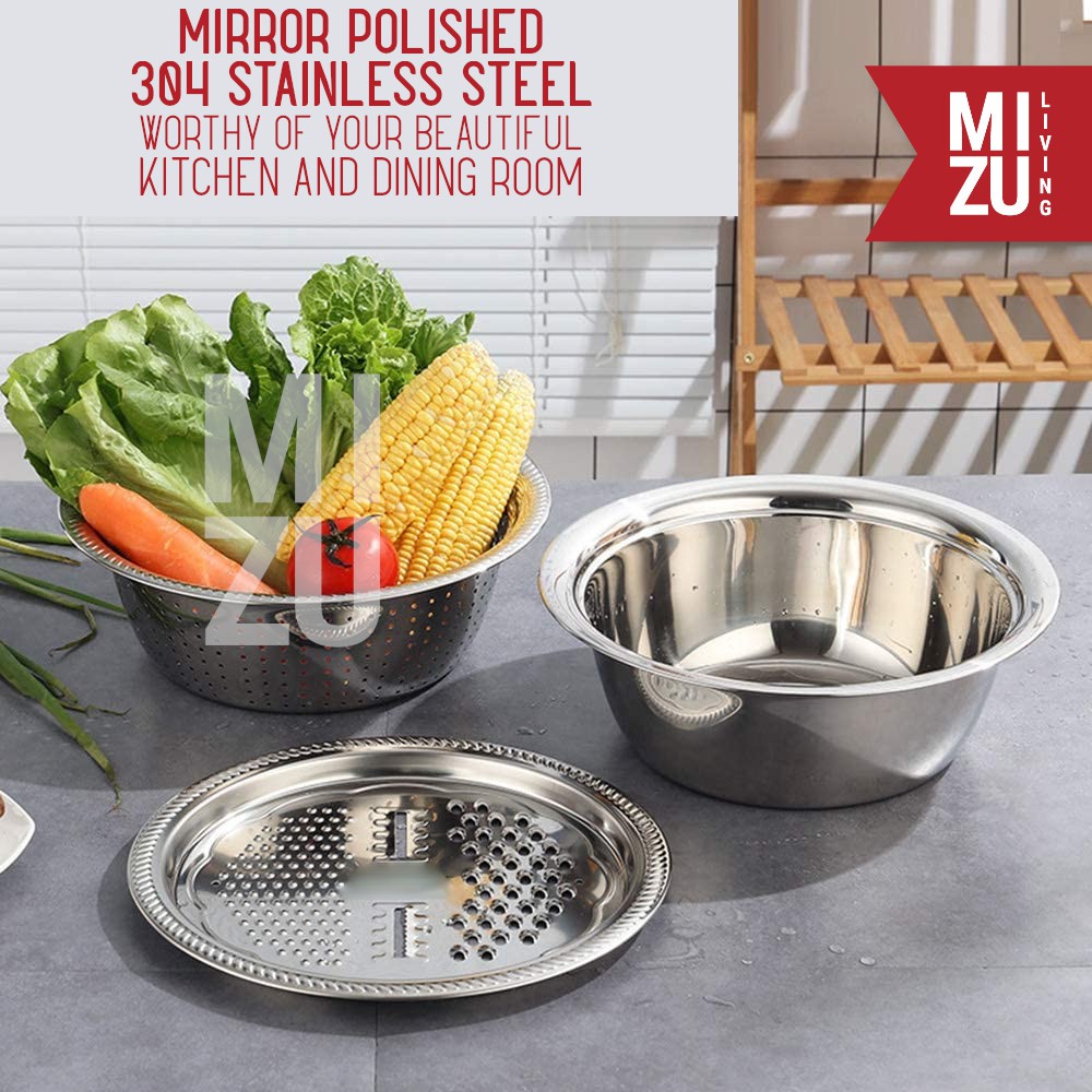 MIZU PARISTA 3in1 Veggie Slicer Colander Bowl Baskom Saringan Pemotong Pemarut Sayuran Stainless