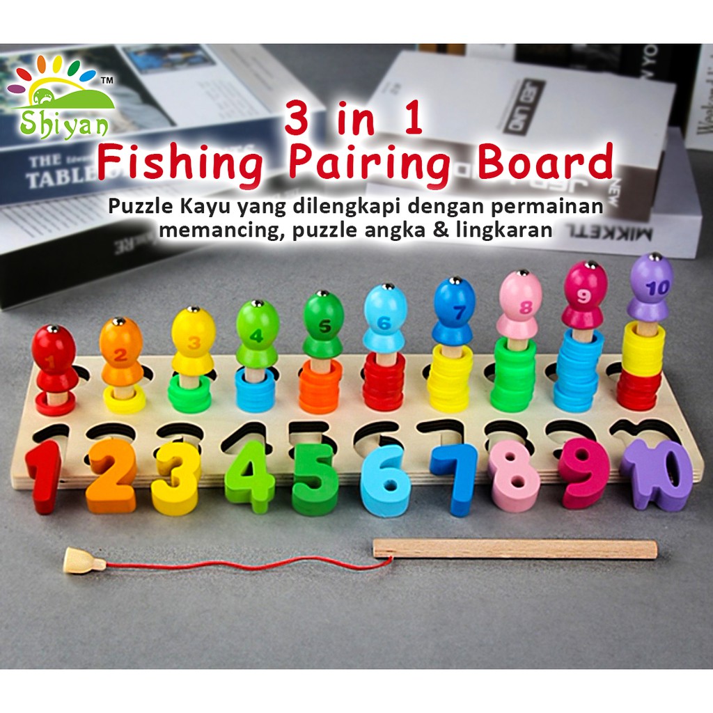 [Shiyan] mainan kayu anak edukasi wooden puzzle 3 in 1 matching board + pancing ikan dengan magnet