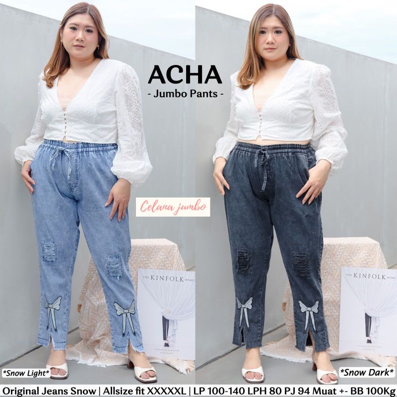 Celana Jumbo Wanita Big Size XXL Bahan Jeans variasi Bordir Pita Acha Pants