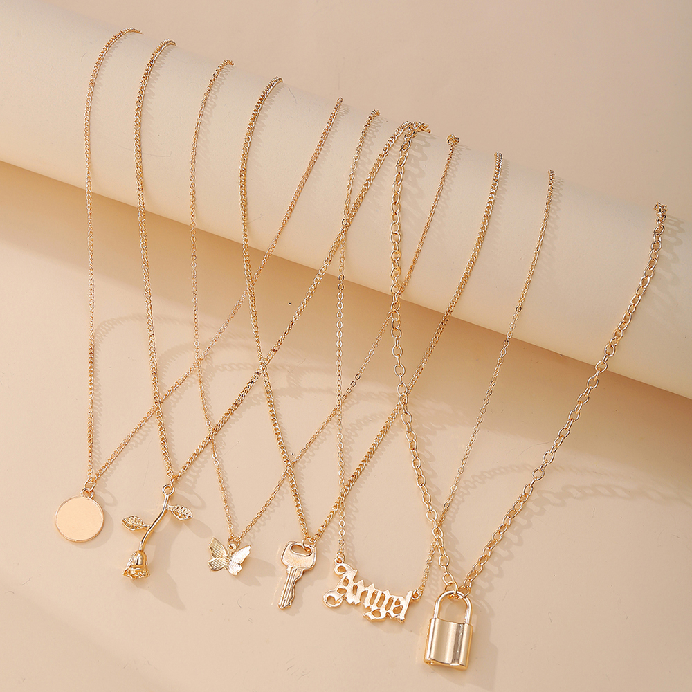 6pcs / Set Kalung Rantai Choker Liontin Bunga Butterfly Warna Emas Gaya Retro Korea Untuk Wanita