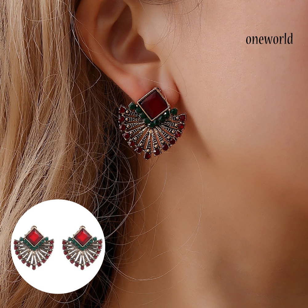 OW@ Women Vintage Ethnic Style Rhinestone Earrings Fan-Shaped Bohemian Ear Stud Gift