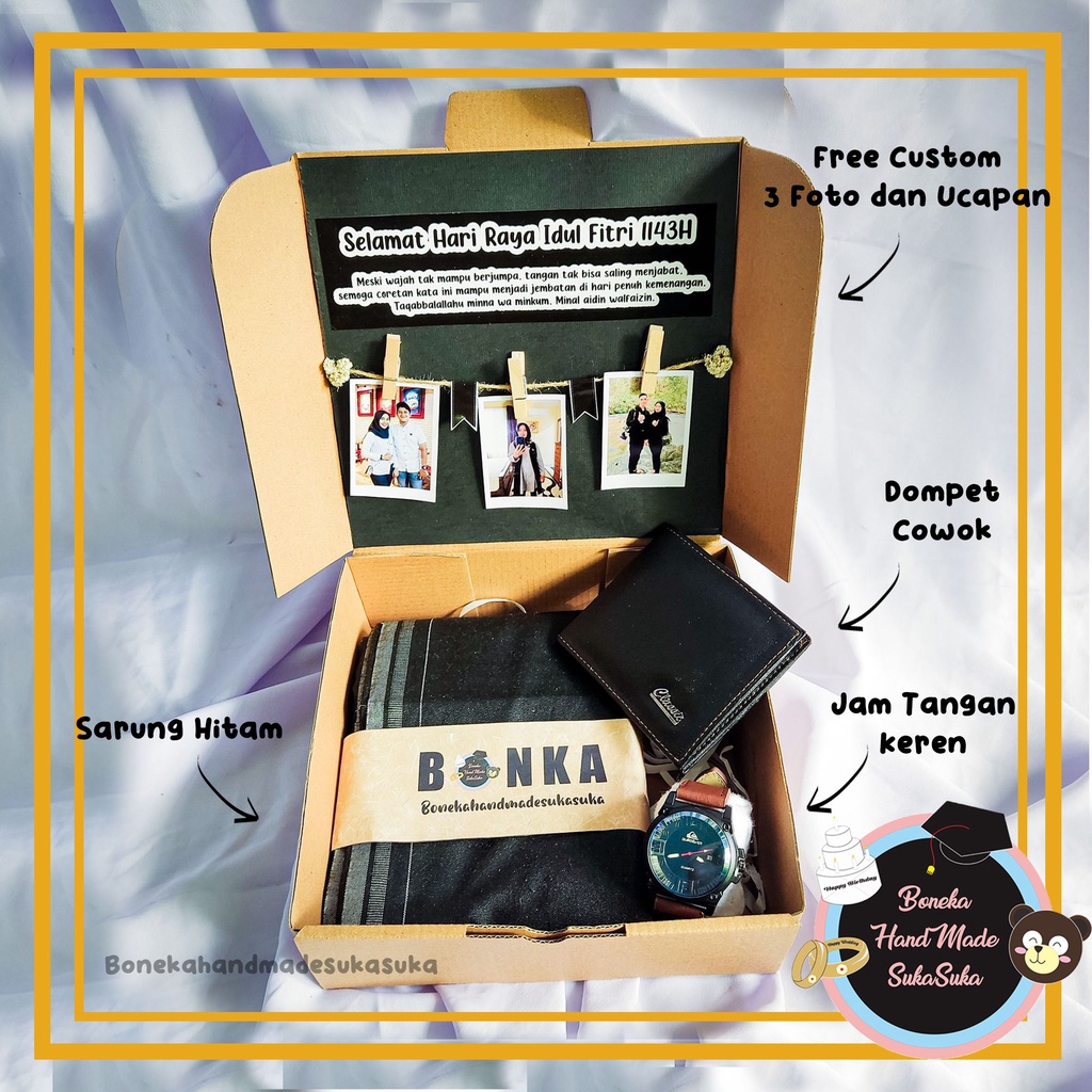 Kado Untuk Cowok Sholeh 3 in 1 Isi Sarung Dompet Jam Tangan Keren Free Custom Foto dan Ucapan Hadiah