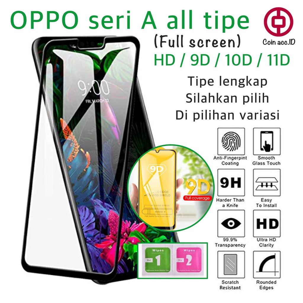 Tempered glass Full 9D OPPO SERI A-full layar A11k A12 A3s A1k A5s A71 A7 A5 A9 2020 A37 A57 A53 A92