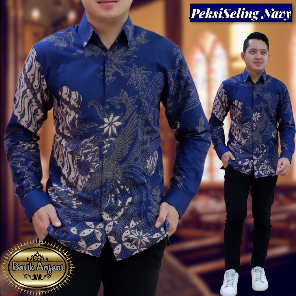 Baju Kemeja Batik Pria Solo Premium Modern Lengan Panjang PEKSI SELING NAVY Katun FULL FURING Warna Biru Navy baurekso navy