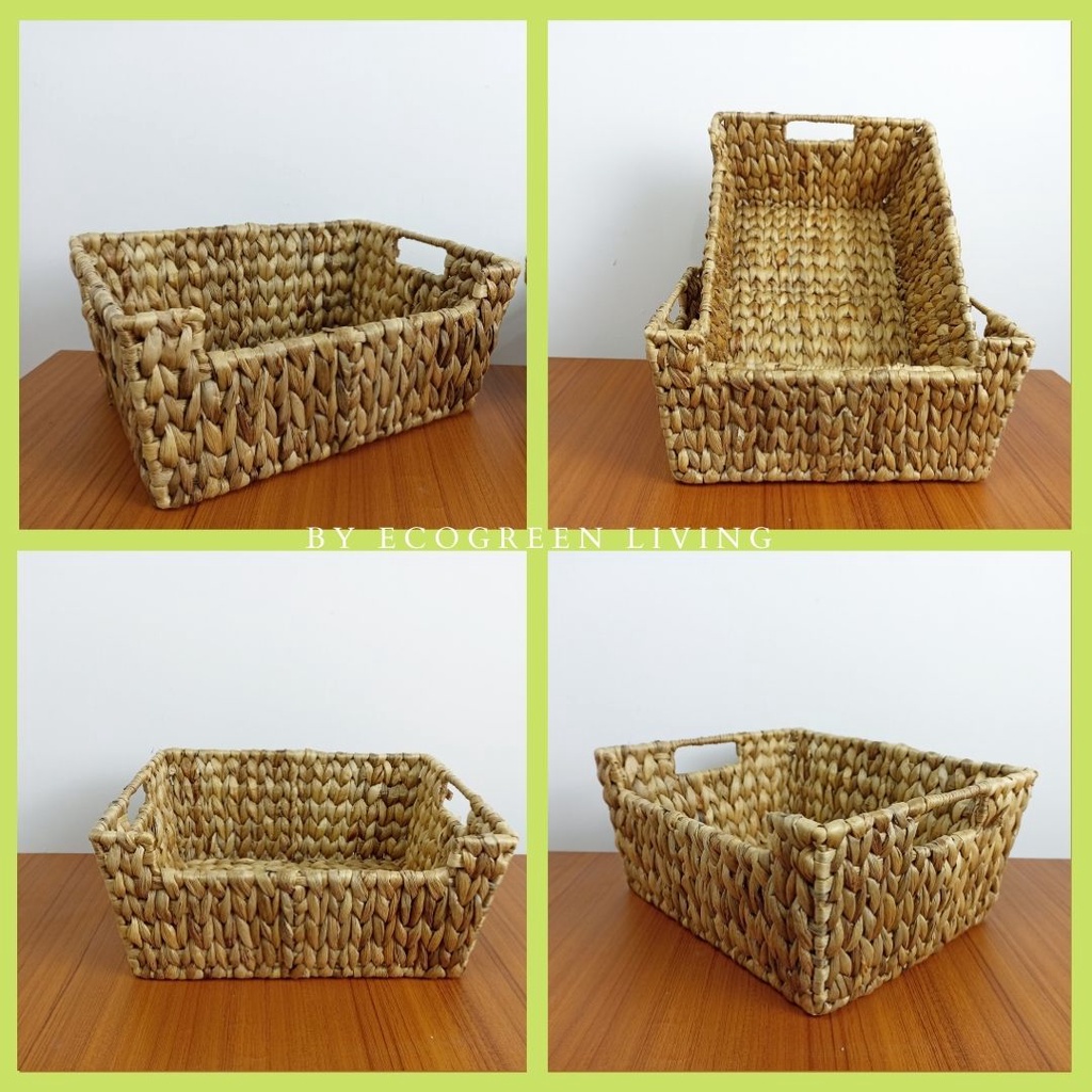 BW- 001 Storage Baskets, Hand-Woven Open-Front Bins with Handles Waterhyacinth