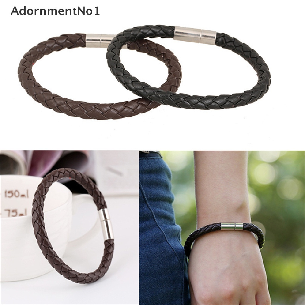 (AdornmentNo1) Gelang Tangan Kulit Hitam Aksen Buckle Magnet Bahan Stainless Steel Untuk Pria / Wanita