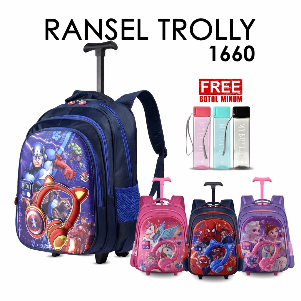 (RF) Tas Sekolah Cartoon Trolly 1660 Tas Ransel Anak Cowok Dan Cewek Captain America,Frozen,Spiderman Dan Unicorn