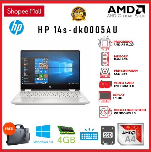 HP 14s-dk0005AU - AMD A4 9125 4GB 256ssd W10 14HD