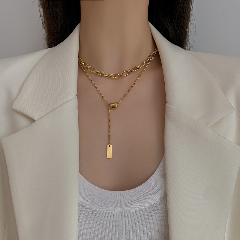 Kalung Rantai Double Layer Bahan Metal Gaya Retro Korea Untuk Wanita