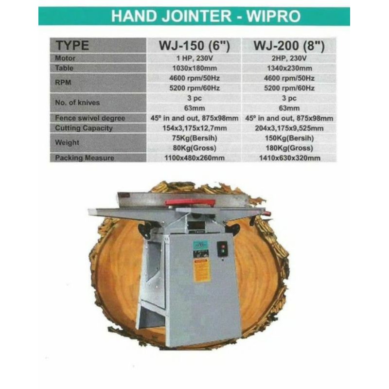 Mesin Jointer Kayu Serut Kayu Wipro 6 Inch WJ-150