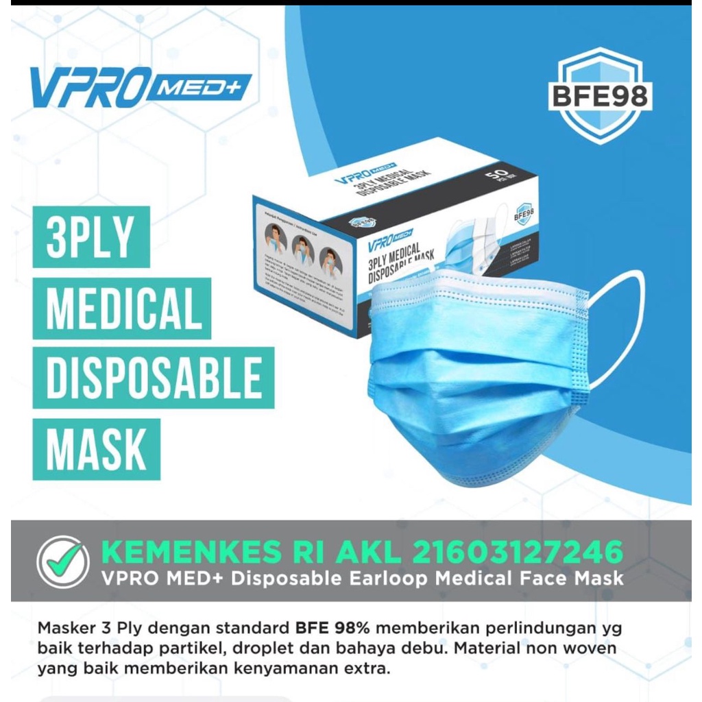 Masker Medis Disposable Mask 3 ply VPRO Earloop Izin Kemenkes