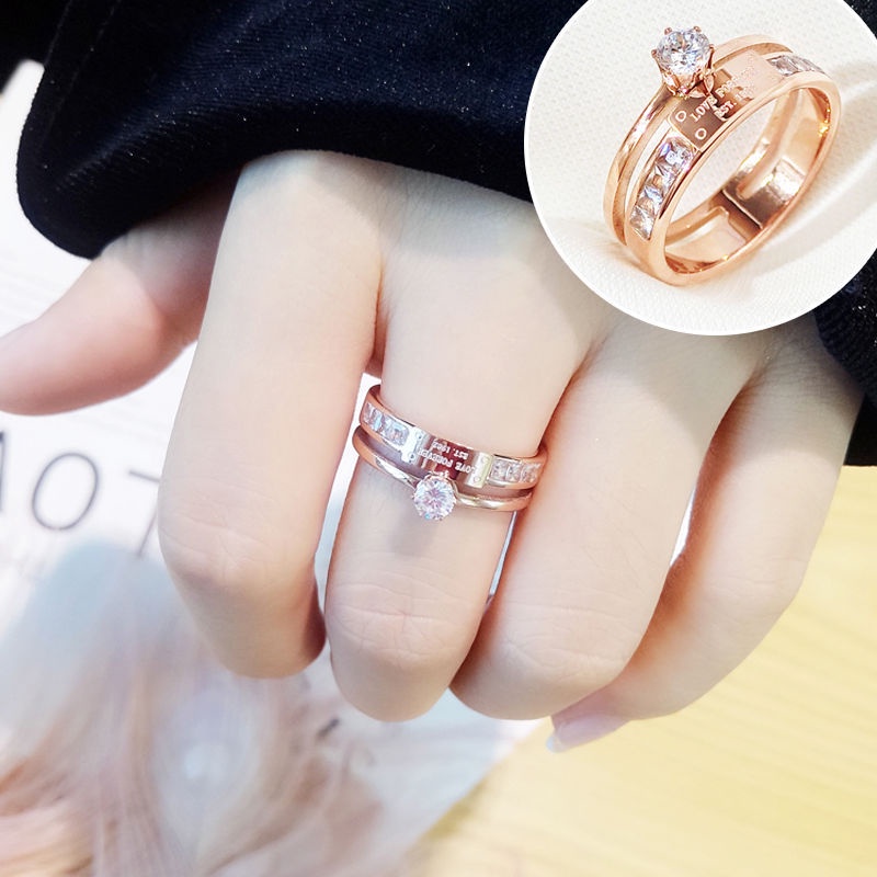 Cincin Wanita Bahan Titanium Steel 14K Rose Gold Hias Cubic Zirconia Untuk Pernikahan