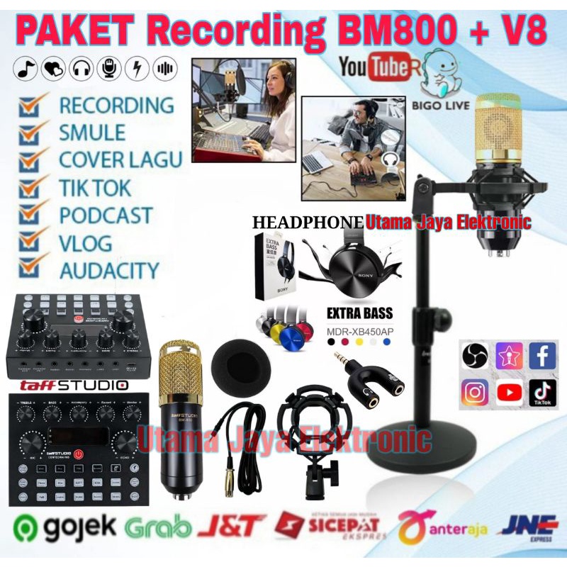 Paket Komplit Microphone BM800 Soundcard V8  Stand Meja Home Recording Terbaik