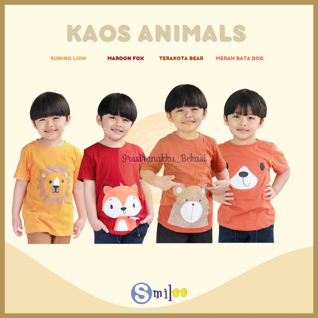 Kaos Anak Cowok Smile Murah Animals Mix Motif Size 1-5 Tahun