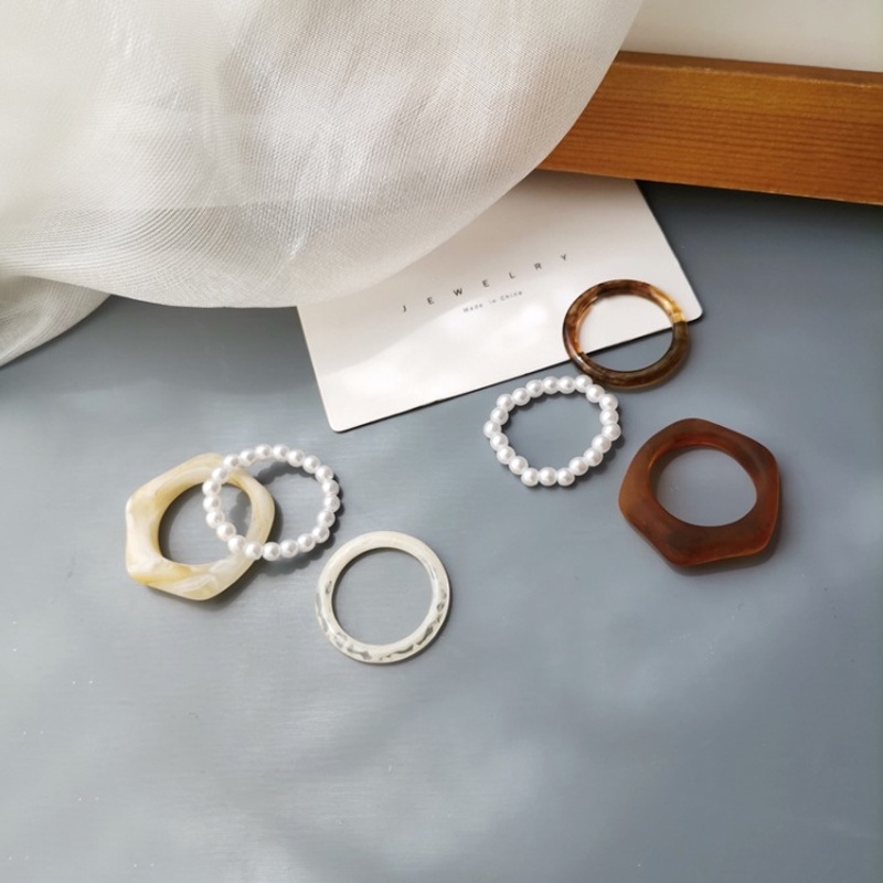 3pcs Cincin resin Hias Mutiara Gaya retro Korea