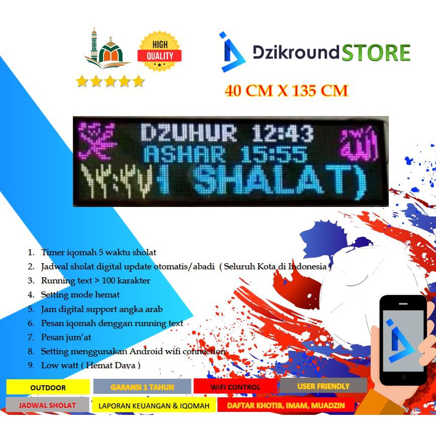 DZIKROUND C24 Jam Digital Jadwal Sholat masjid Ukuran 40x130 androiid Wifi