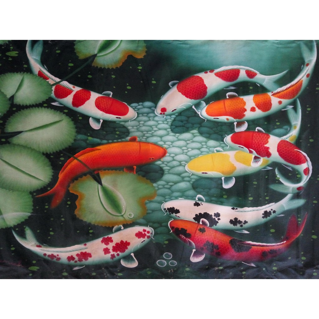 

Lukisan 9 ikan KOI keberuntungan, media cat minyak di kanvas, 75 x 115 cm