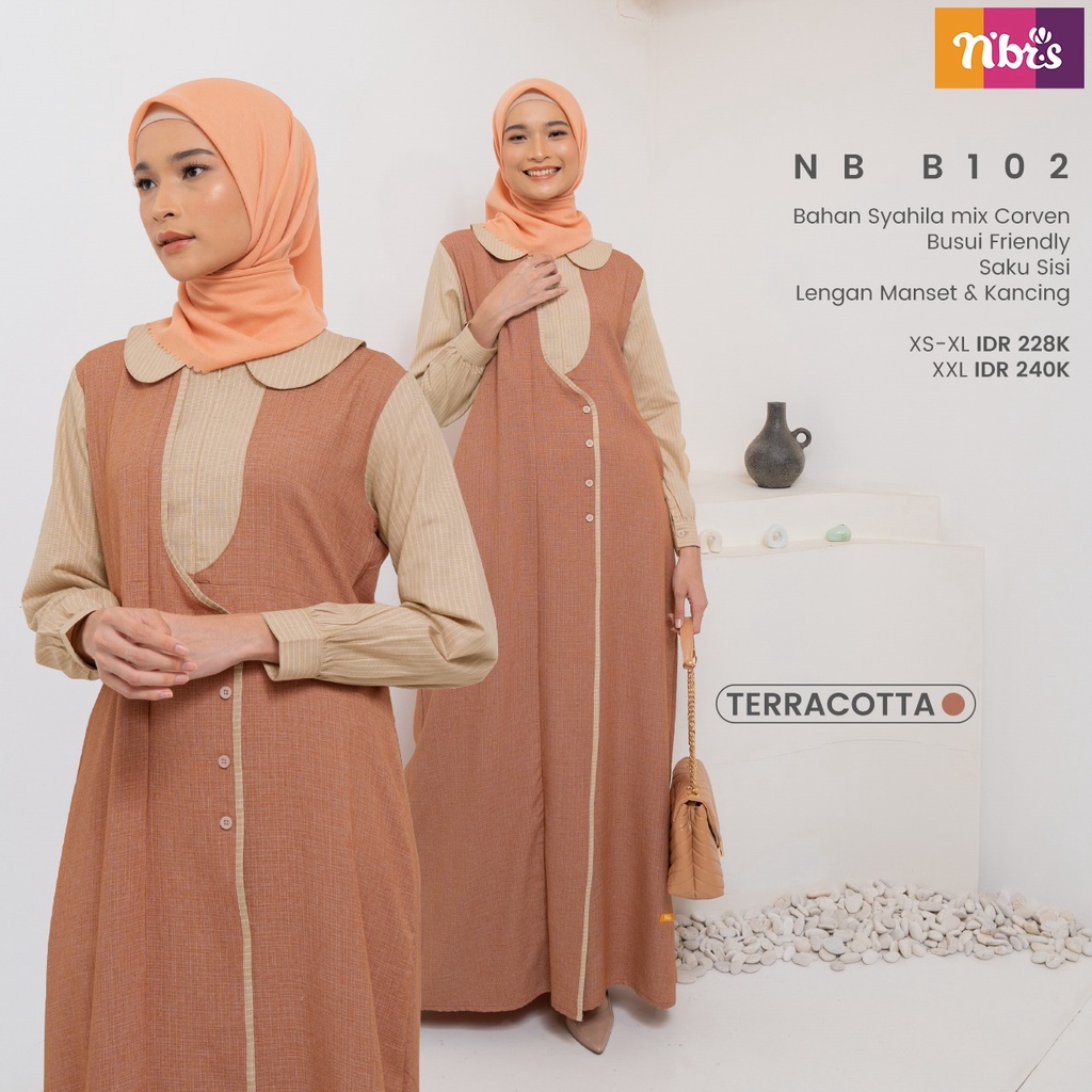 Nibras Gamis NB B102 Bahan Syahila mix Corven Dress Muslimah Modern Simpel