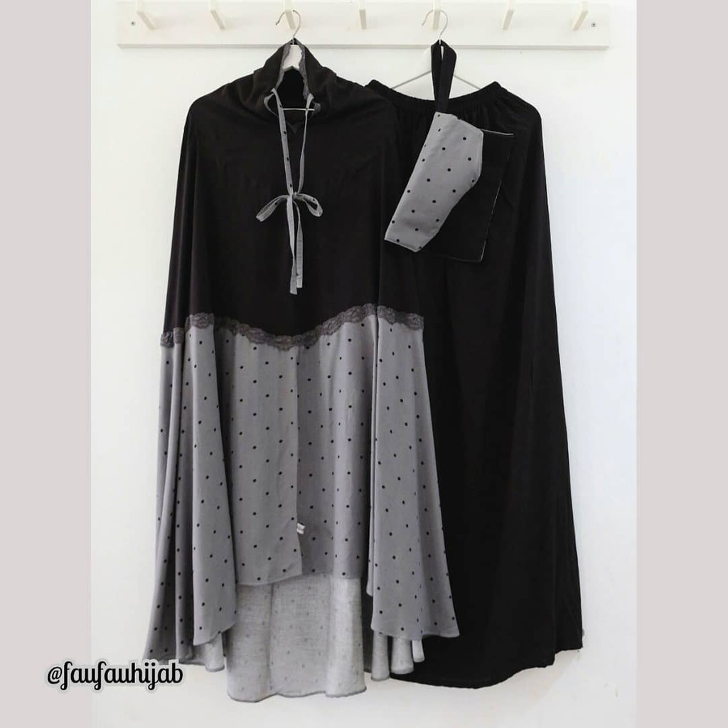 Mukena Faufau butik Asilah Twotone polka Abu tua rok Hitam (A)