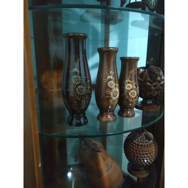 SET ISI 3 VAS BUNGA GUCI CANTIK DARI KAYU JATI