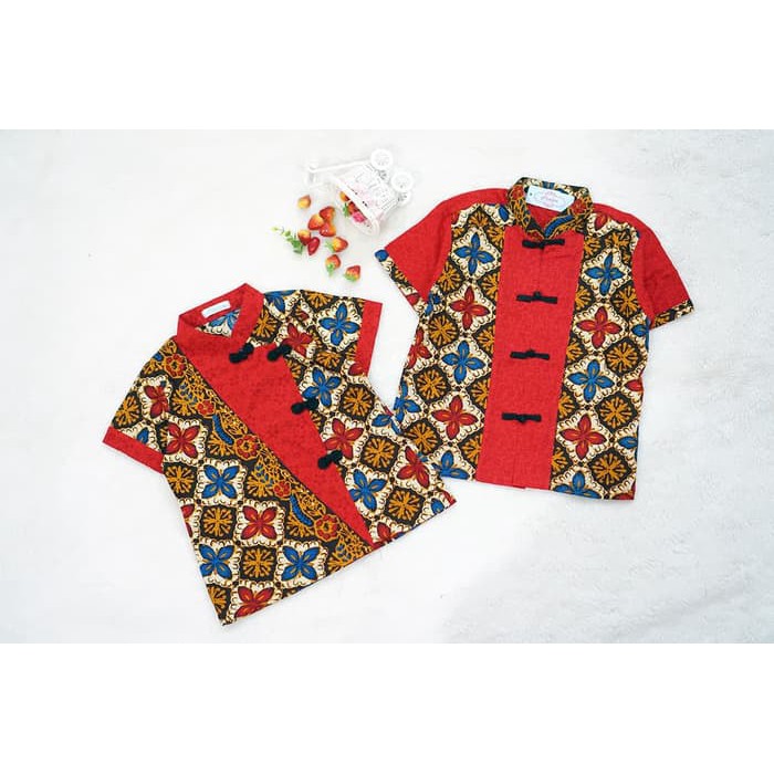 cutevina kemeja  batik  couple cheongsam merah biru anak 