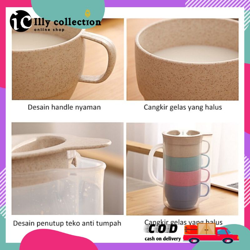 Mug Jerami Gandum Set 5 in 1 Teko Dengan Cangkir