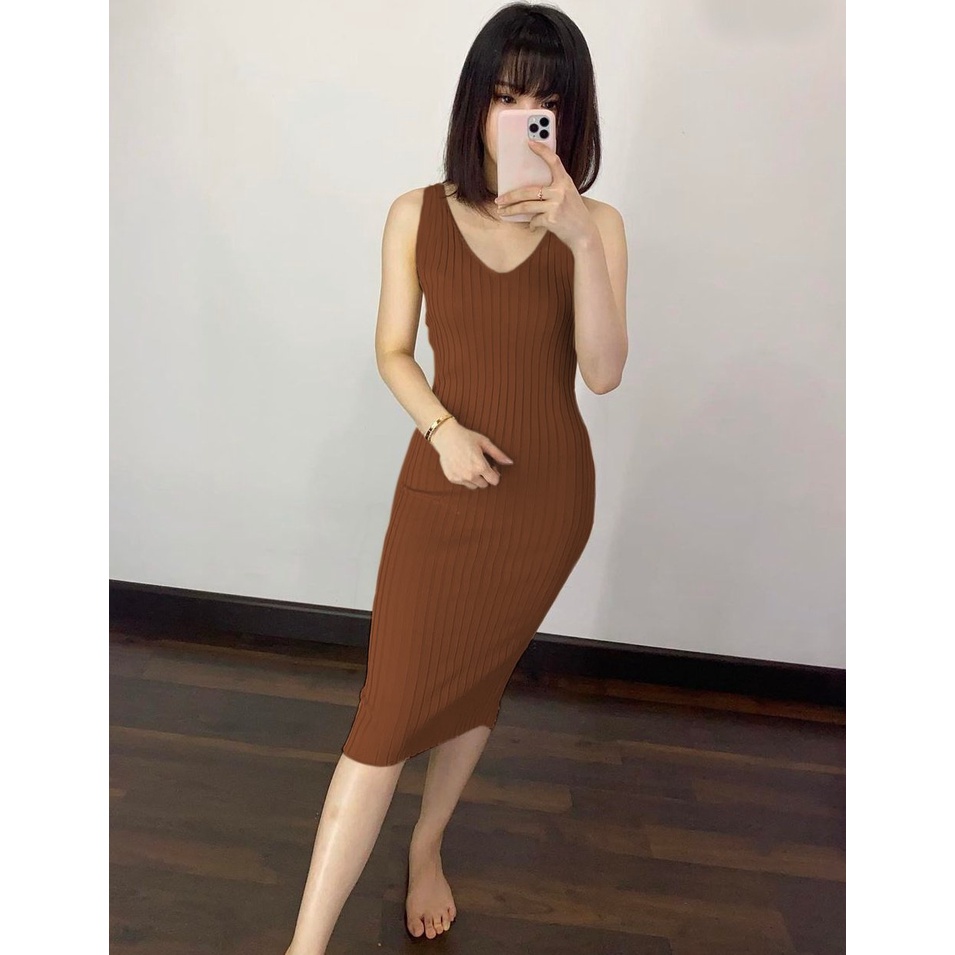 HOPYLOVY - Dress Sleeveless Wanita Kerah V bahan Rajut