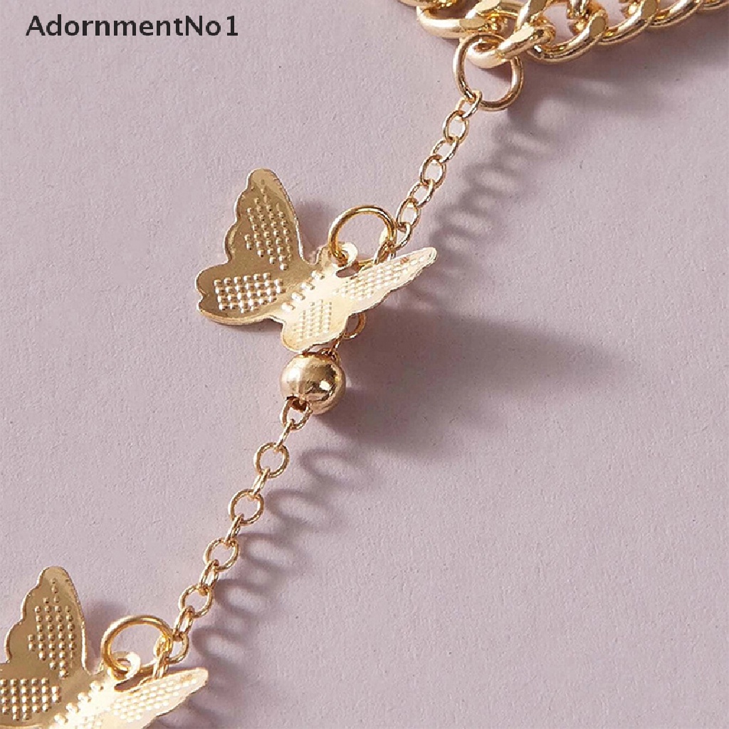 (AdornmentNo1) Gelang Tangan Rantai + Cincin Gaya Vintage Motif Kupu-Kupu Aksen Hollow Untuk Perhiasan Wanita Butterfly