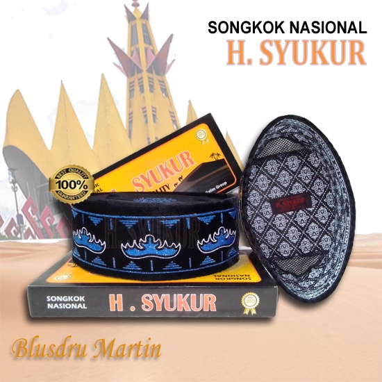 [H.SYUKUR] KOPIAH SONGKOK NASIONAL HITAM  BATIK BIRU MOTIF MAHKOTA