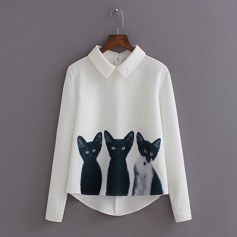 Kemeja Blus Lengan Panjang Dengan Motif Gambar Kucing Kemeja Blus Lengan Panjang Dengan Motif Gambar Kucing