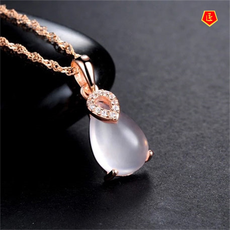 [Ready Stock]Silver Necklace Women's Pink Crystal Lucky Stone Pendant Simple and Elegant