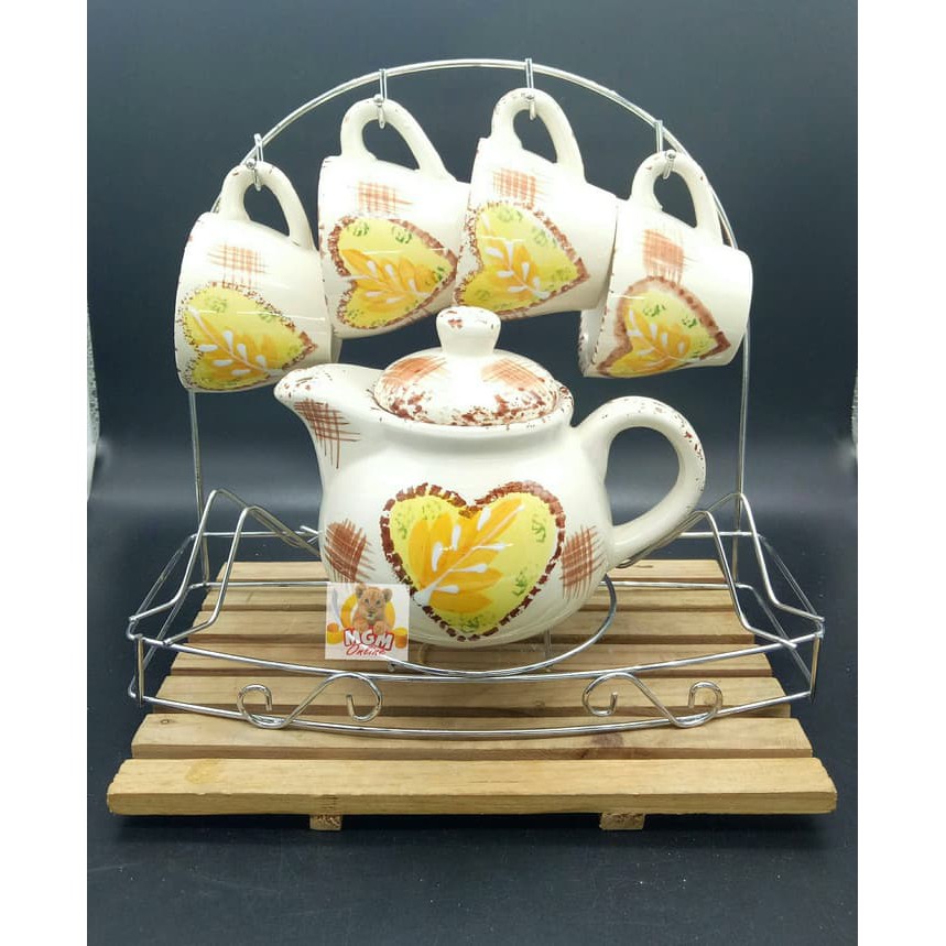 9pcs Coffee Set / Teaset 9pc Lengkap Cangkir &amp; Tatakan &amp; Rak BB156