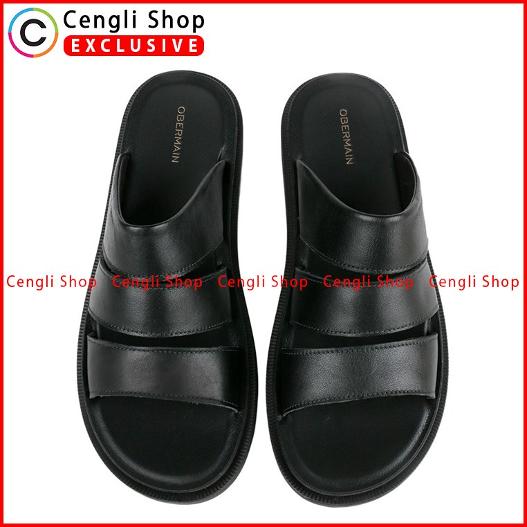 SANDAL KULIT OBERMAIN PRIA ORIGINAL SLIDE CASUAL BRANDED HITAM OM18