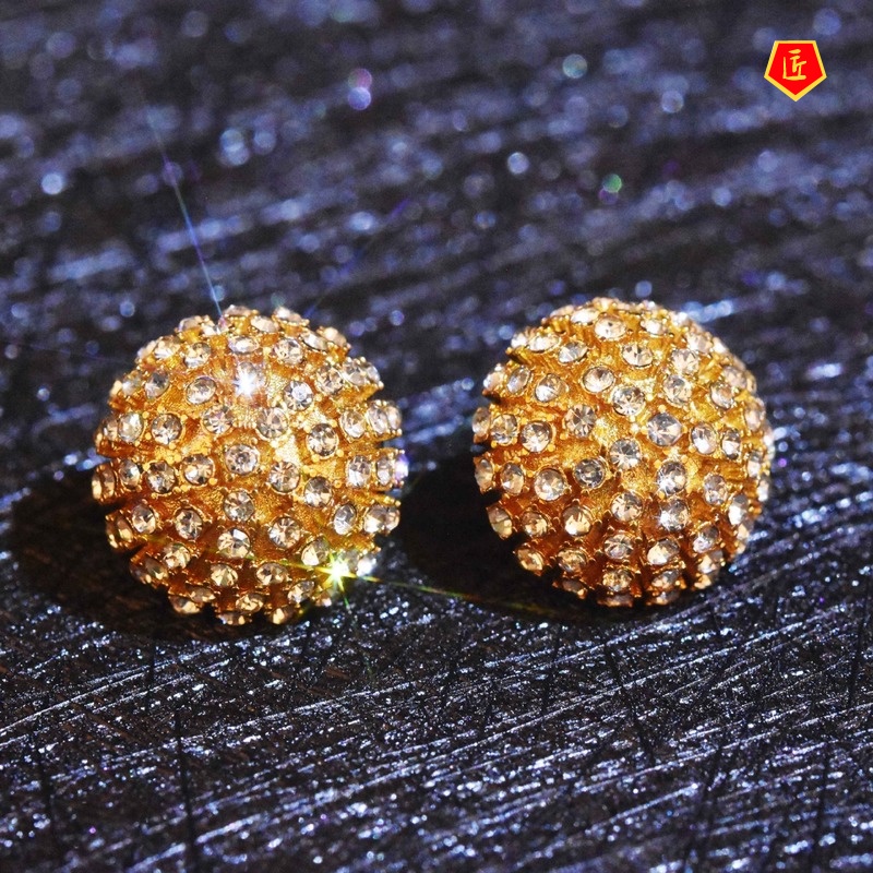 [Ready Stock]French Style 18K Gold Full Diamond Round Fireworks Stud Earrings