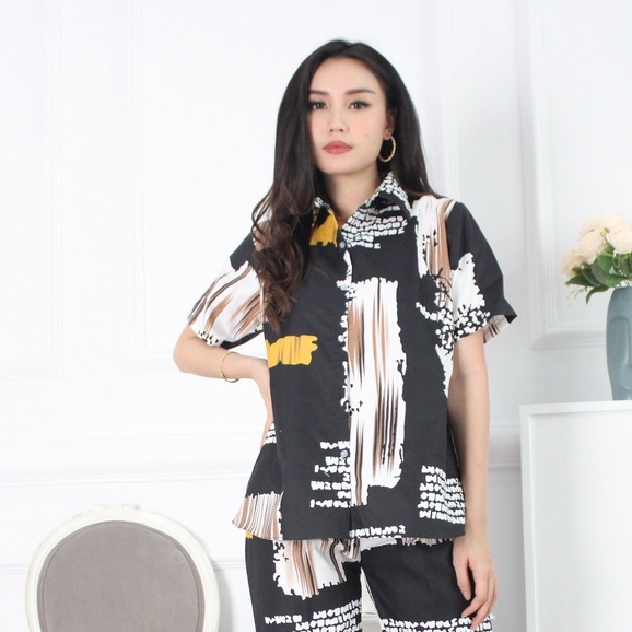 Morymony daily set homewar / setelan celana pendek / stelan baju wanita marble pastel-tripy hitam
