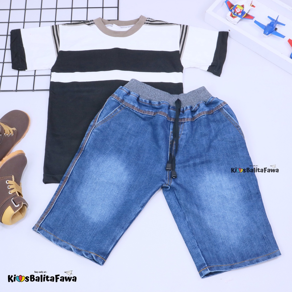 Setelan Salur Jeans uk 5-6 Tahun / Kaos Anak Cowok Celana Jeans Pendek Baju Anak Cowo Murah Pakaian