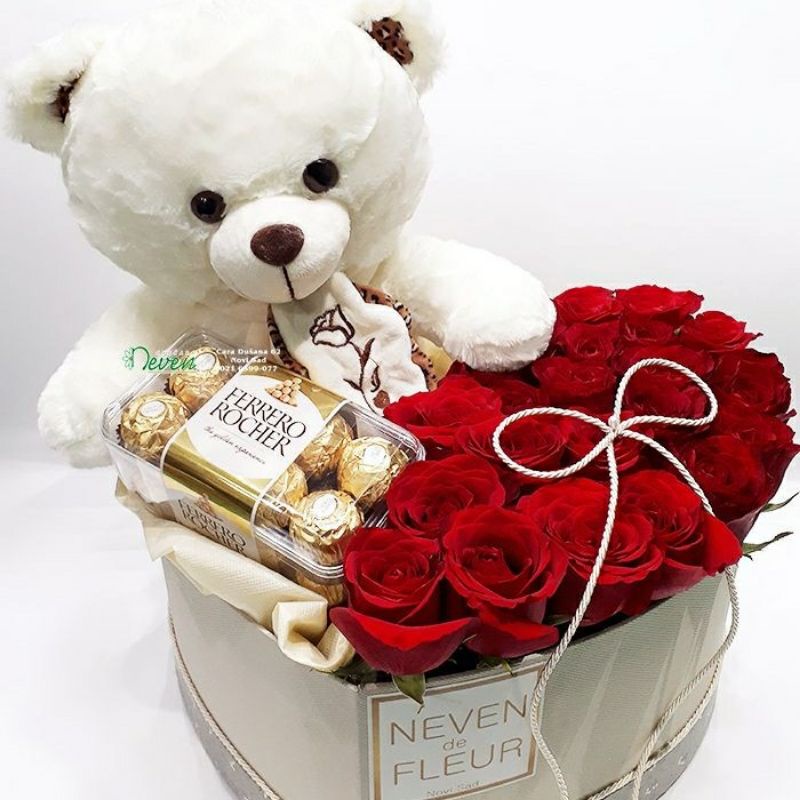 

Buket Bloombox Choco with teddy - Rose Cokelat Ferero dan Teddy