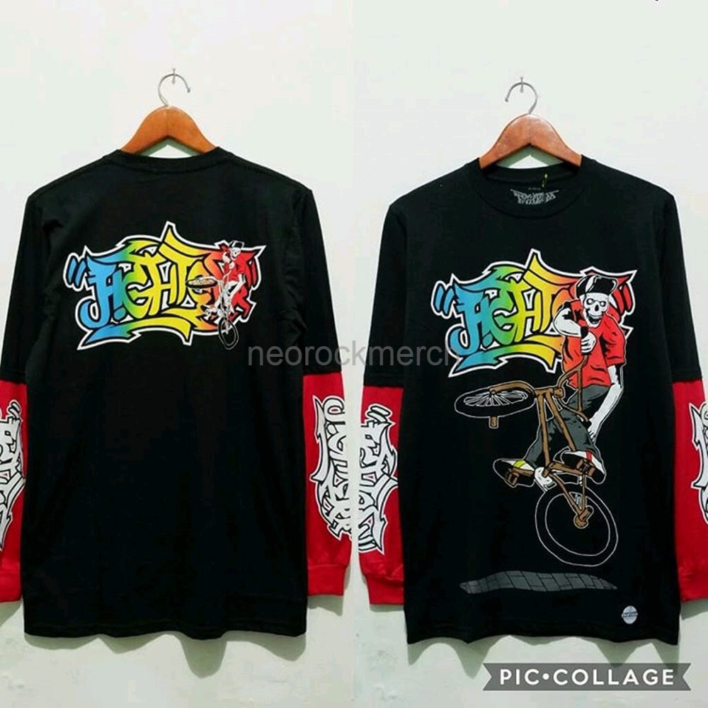 BAJU KAOS LENGAN PANJANG MERAH KOMBINASI HITAM MOTIF SKULL TERBARU