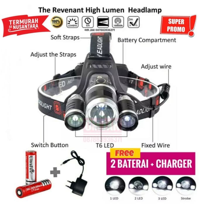 Paket Senter Kepala Headlamp Boruit 3 LED Cre XML-T6 5000 Lumens - 5000 lumens Limited