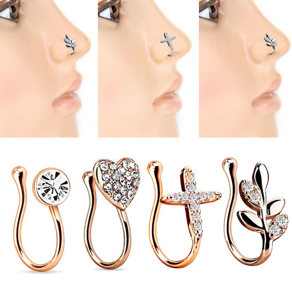 MXBEAUTY Fashion Jewelry Fake Nose Ring Men Crystal Nose Hoop Rings Women New Love Heart Fake Septum Stainless Steel Fake Piercing Nose Clip