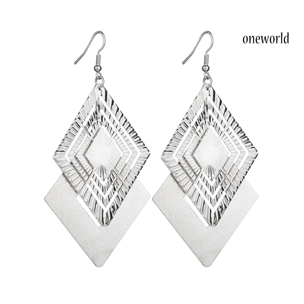 OW@ Fashion Matte Hollow Double Layer Jewelry Rhombus Long Dangle Hook Earrings