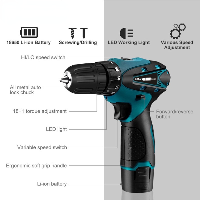 12V Mesin Bor Baterai Tangan Cordless Drill Battery  Screwdriver Torque Cordless Drill Electric Drill