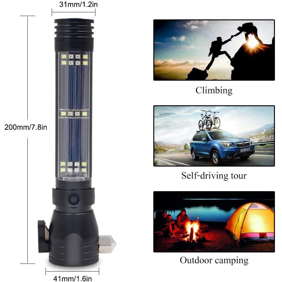 [100% ORIGINAL]Solar Senter LED Powered Torch Flashlight USB Rechargeable LED Torch Multi Function Outdoor LED Car Flashlight Ultra Bright Torch Light with Safety Hammer, Seat Belt Cutter and Compass Multi-functional