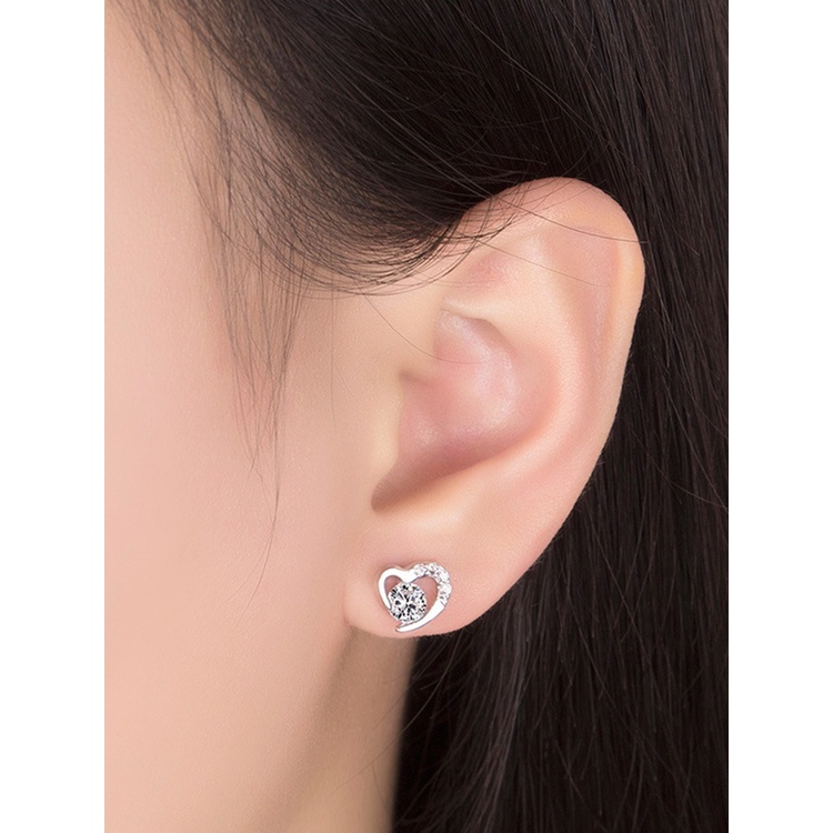 Anting Tusuk Silver Bentuk Hati Dengan Cubic Zirconia Imitasi Untuk Wanita