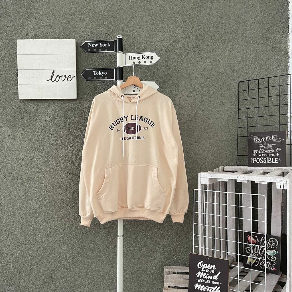 sweater hoodie wanita pria/unisex  RUGBY LEAGUE oversize sweater couple cewek cowok oversize LD 130 CM-Cream