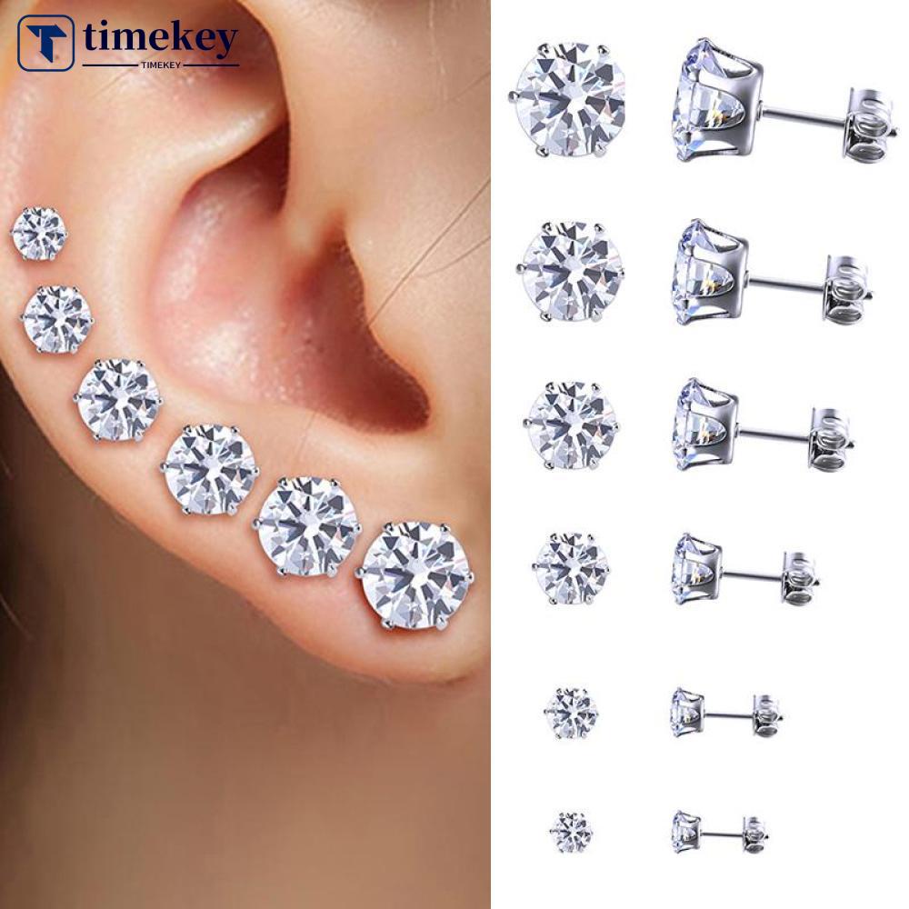 Timekey 6 Pasang / Set Anting Tusuk Stainless Steel Hias Kristal Zircon Bulat Untuk Pria / Wanita A4K5