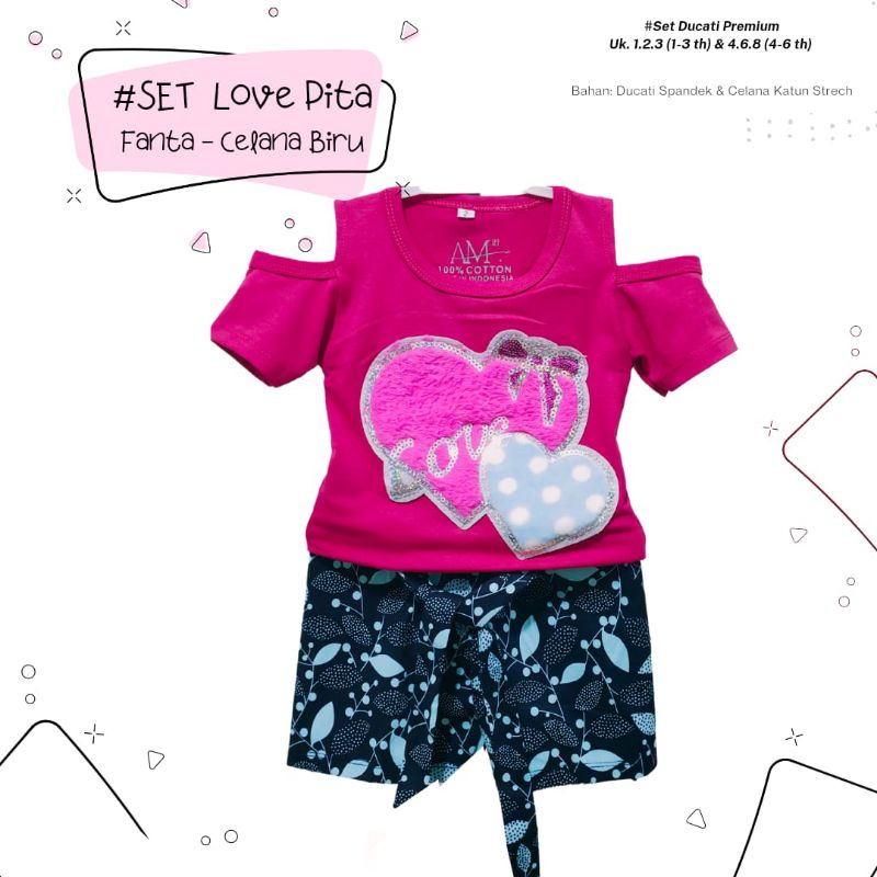 Setelan Anak Perempuan &quot;DOUBLE LOVE&quot; Size 1-5th bahan Ducati Katun Spandek Premium